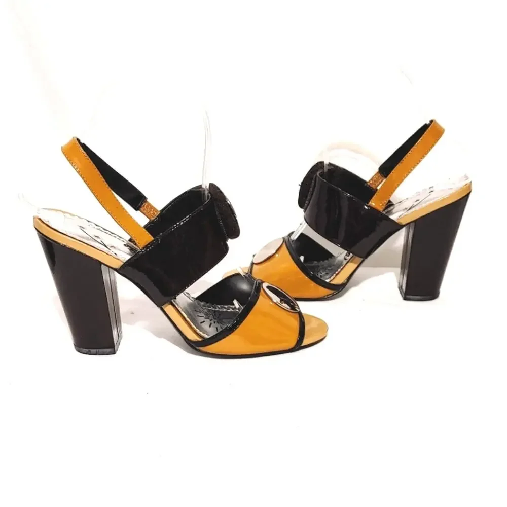 Naughty Monkey Happy Planet Sandals Formal Block Heel Black Tan Women Size 6.5 - Picture 2 of 9